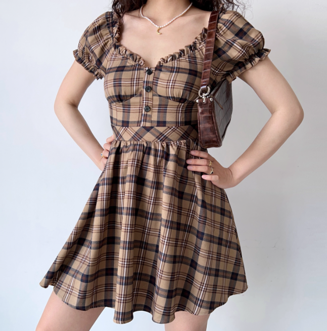 Versatile Summer Dress A Line Checkered Puffed Sleeves Short Skirt Women Teenage Girl Dress Date Dress D2328