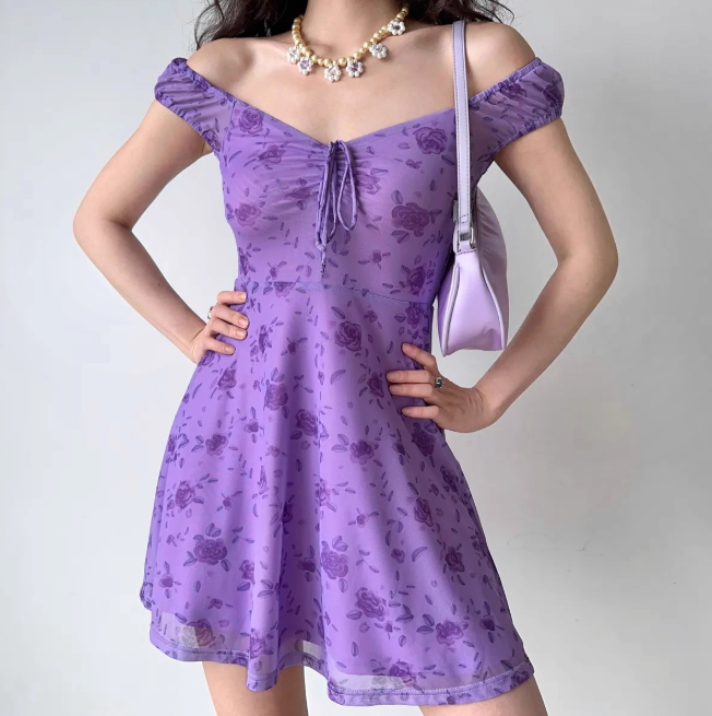Sexy Summer Dress A Line V-neck Print Flower Short Skirt Women Teenage Girl Dress Date Dress Vacation Dress D2330