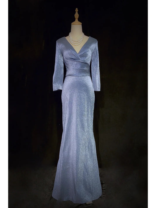 Robe de bal brillante, col en V, manches longues, plissée, robe de soirée, robe de dîner d'affaires, robe de gala D2342