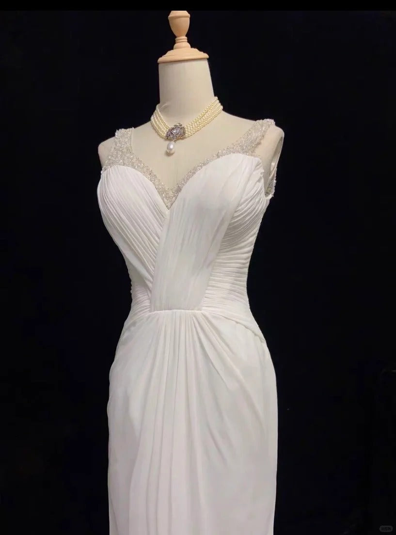 Elegant Prom Dress White Pleated Crystal Prom Gown Evening Dress Gala Dress Business Dinner Dress D2347