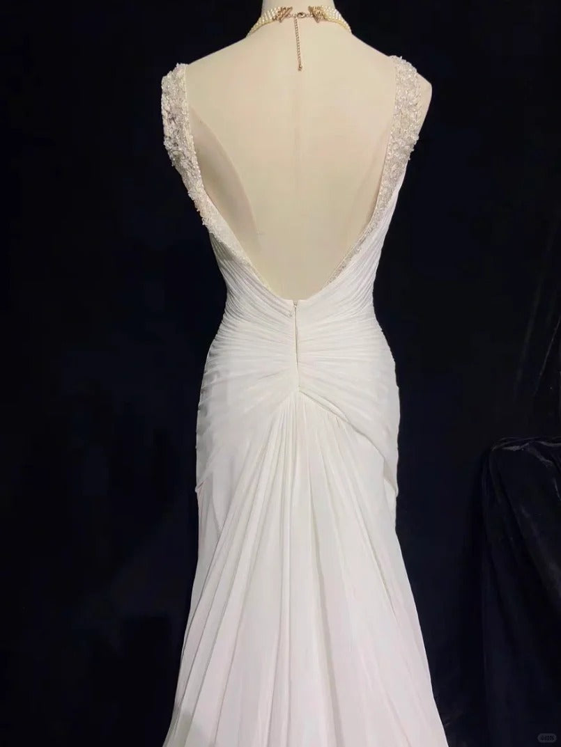 Elegant Prom Dress White Pleated Crystal Prom Gown Evening Dress Gala Dress Business Dinner Dress D2347