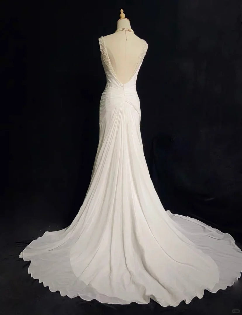 Elegant Prom Dress White Pleated Crystal Prom Gown Evening Dress Gala Dress Business Dinner Dress D2347