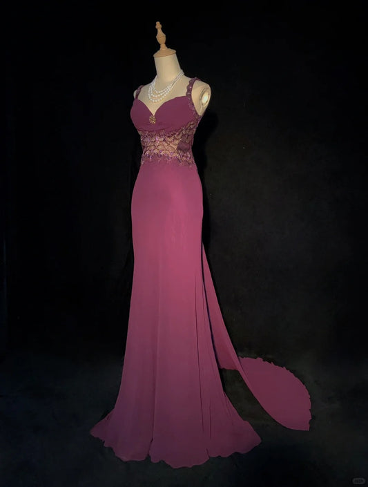 Superbe robe de bal à bretelles spaghetti et traîne plissée, robe de soirée, robe de gala, robe de dîner d'affaires D2348