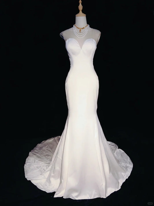 Minimalistisches Hochzeitskleid Weiß Rundhalsausschnitt Rückenfrei Meerjungfrau Ballkleid Galakleid Hochzeitskleid Abendkleid D2354