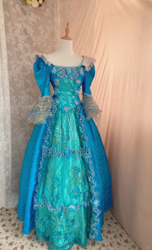 Elegantes Ballkleid mit quadratischem Ausschnitt und langen Ärmeln, Rüschen, Blumenmuster, Ballkleid, Abendkleid, Galakleid, Prinzessinnenkleid D2361