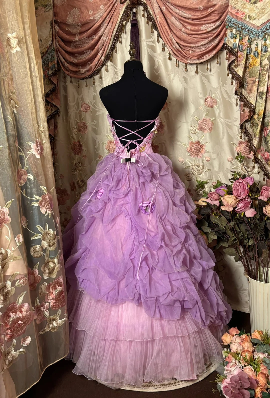 Sweet Prom Dress Strapless Flower Pleated Ball Gown Evening Dress Party Birthday Dress D2391
