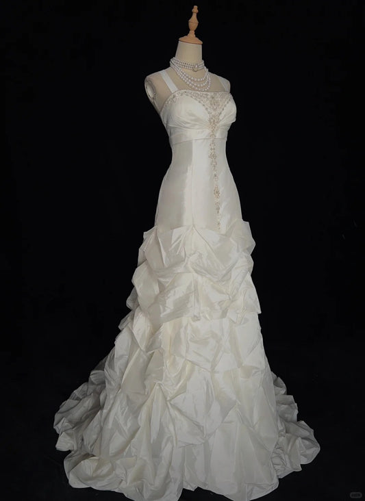 Superbe robe de mariée à col carré, robe de bal plissée, robe de soirée, robe de gala, robe d'anniversaire D2443