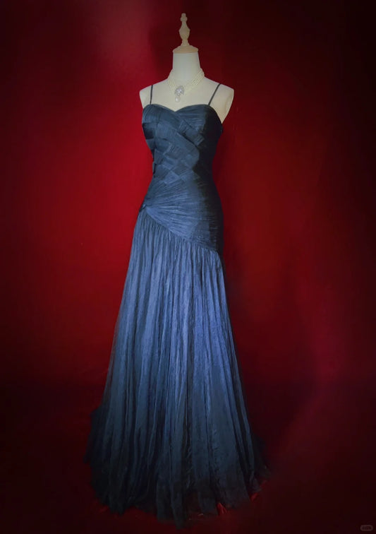 Robe de bal élégante, coupe trapèze, bretelles spaghetti, plissée, robe de soirée, robe de gala, robe de dîner d'affaires, D2446