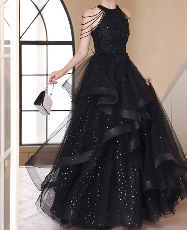Shiny Prom Dress Crew Neck Tulle Prom Gown Evening Dress Party Dress Dancing Dress D2496