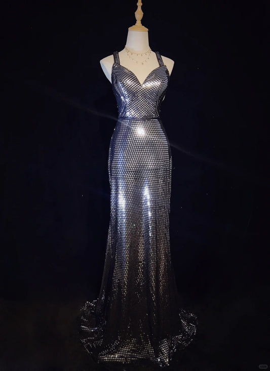 Robe de bal brillante à bretelles spaghetti et dos nu, robe de soirée de gala D2521