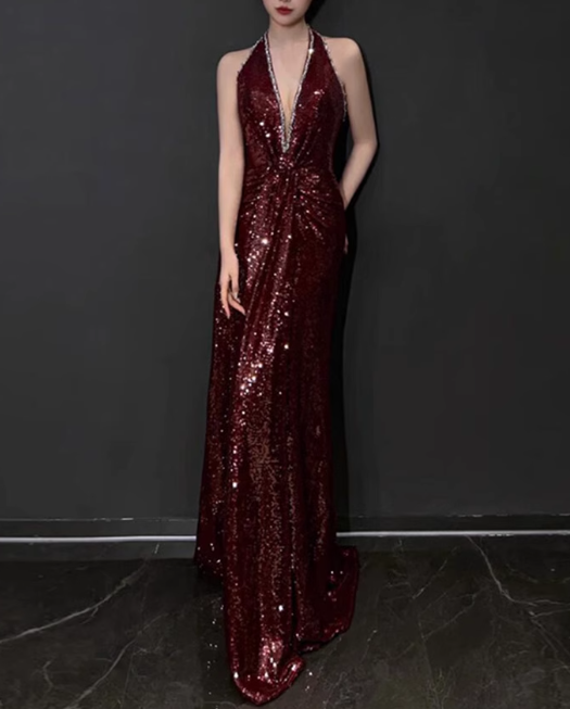 Shiny Prom Dress Halter Sequins Prom Gown Evening Dress Gala Dress D2530