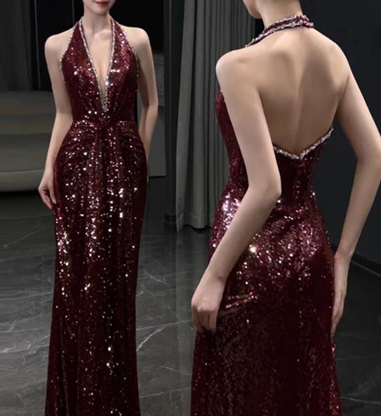 Shiny Prom Dress Halter Sequins Prom Gown Evening Dress Gala Dress D2530