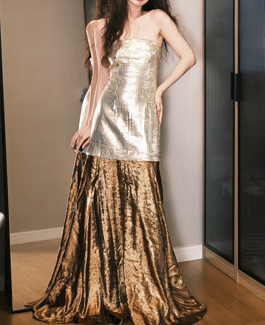 Robe de bal brillante, sans bretelles, longueur au sol, robe de soirée, robe de gala, D2544