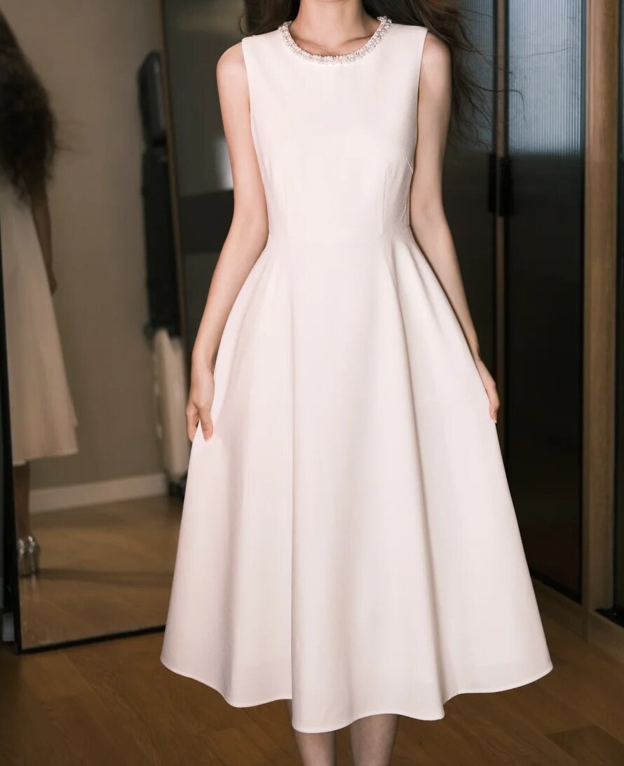 Robe de bal élégante, coupe trapèze, col ras du cou, robe de soirée, robe de gala, D2557