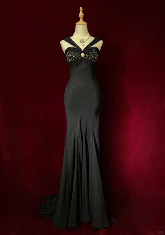 Superbe robe de bal noire plissée en forme de sirène, décolleté en cœur, robe de soirée, robe de gala D2563