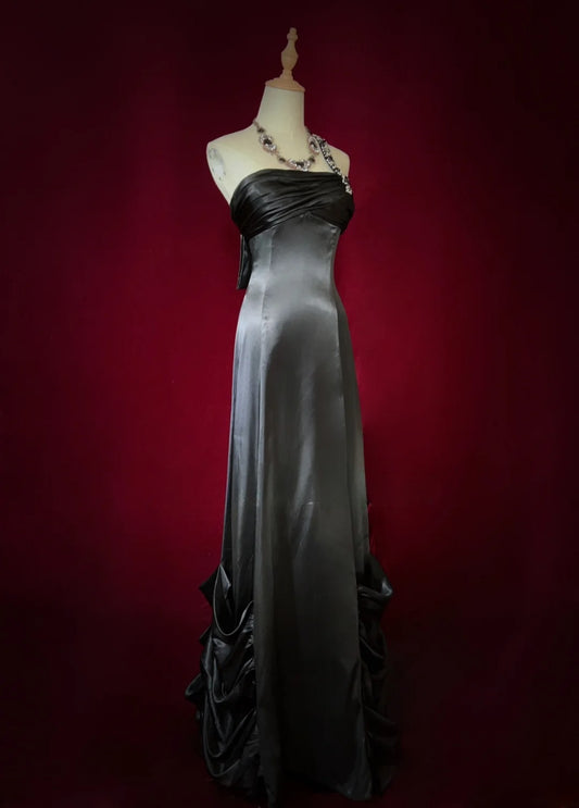 Superbe robe de bal asymétrique noire plissée, robe de soirée, robe de gala D2565