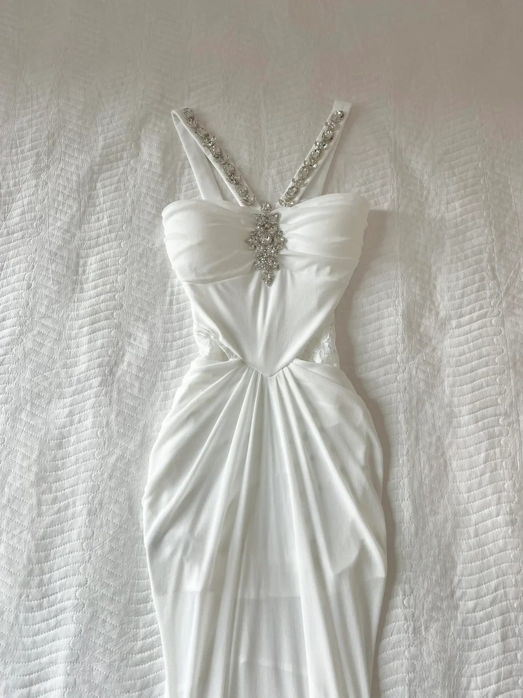 Elegant Prom Dress White Spaghetti Straps Crystal Pleated Prom Dress Party Dress  D2578