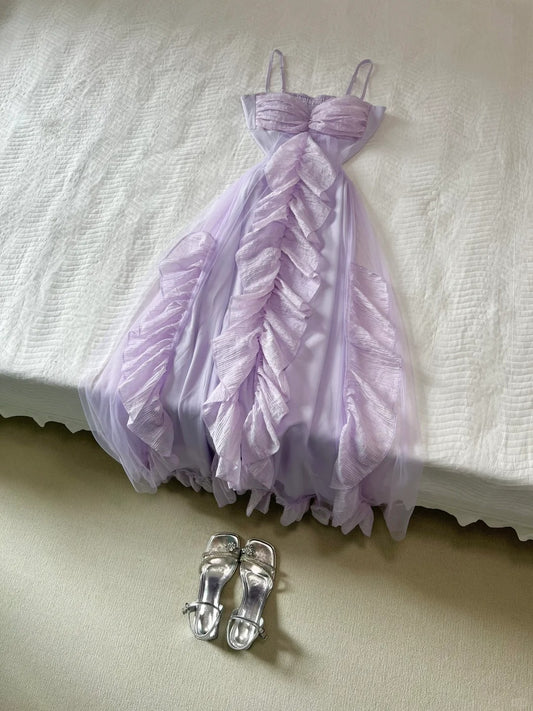 Hübsches Ballkleid Hellviolett Spaghettiträger Rüschen Plissee Ballkleid Partykleid D2579