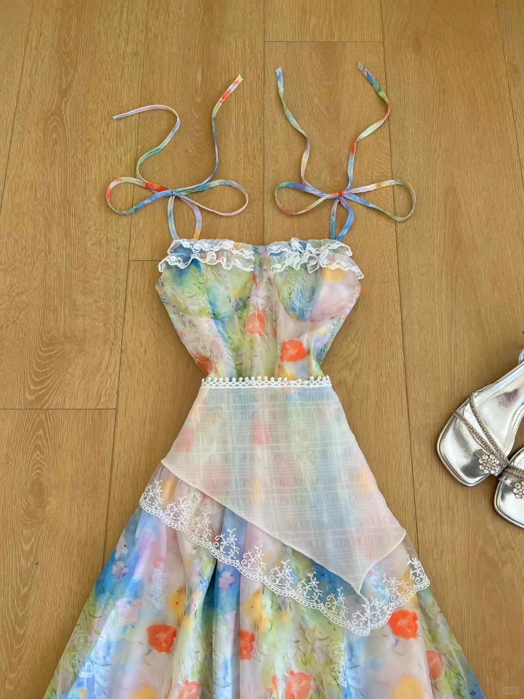 Jolie robe de bal à bretelles spaghetti, robe de soirée imprimée D2581