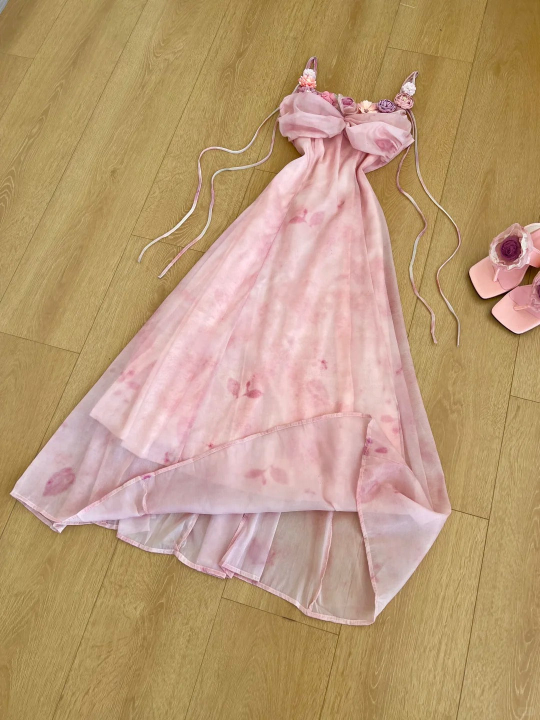 Jolie robe de bal à bretelles spaghetti et imprimé floral, robe de soirée D2582