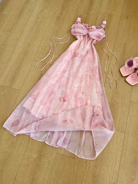 Hübsches Ballkleid Spaghettiträger Blumendruck Ballkleid Partykleid D2582