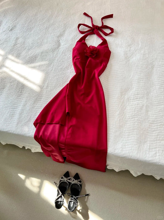 Atemberaubendes Ballkleid Neckholder Schlitz Weinrot Ballkleid Abendkleid Partykleid D2586