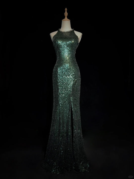 Glänzendes Ballkleid mit Rundhalsausschnitt, Pailletten, Schlitz, Ballkleid, Geburtstagspartykleid, Abendkleider D2594