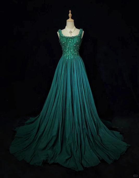 Superbe robe de bal à col carré et perles plissées, robe de gala, robe de soirée D2597