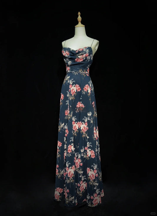 Jolie robe de bal à bretelles spaghetti, dos nu, imprimée, robe de gala, robe de soirée D2598