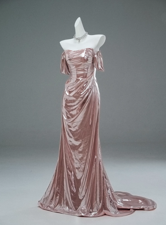 Robe de bal élégante rose à épaules dénudées et plissée style sirène, robe de gala, robe de soirée D2629