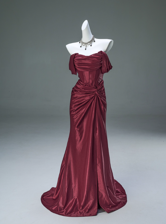 Robe de bal élégante rouge vin, épaules dénudées, plissée, style sirène, robe de gala, robe de soirée D2636