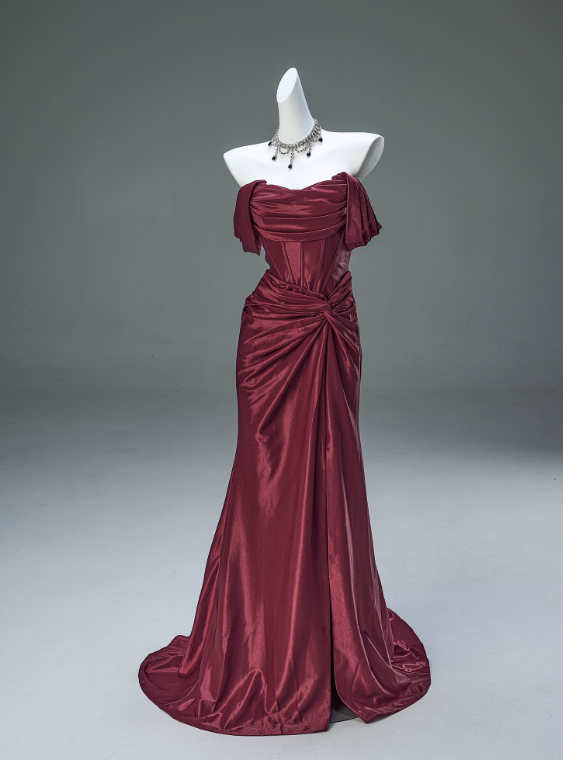Elegant Prom Dress Wine Red Off Shoulder Pleated Mermaid Prom Gown Gala Dress Evening Dress D2636