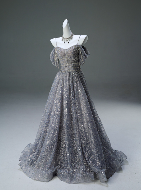 Robe de bal brillante trapèze à bretelles spaghetti plissée, robe de soirée, robe de gala D2642