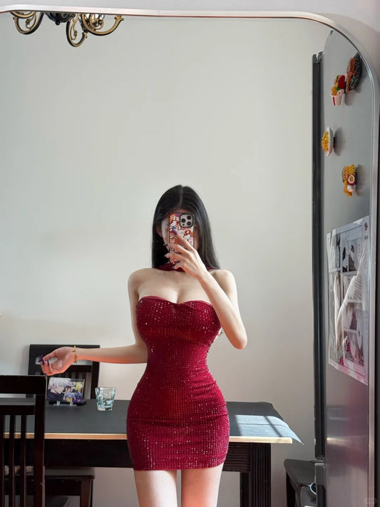 Robe de soirée courte et brillante, décolleté en cœur, robe de cocktail, robe de soirée, D2659