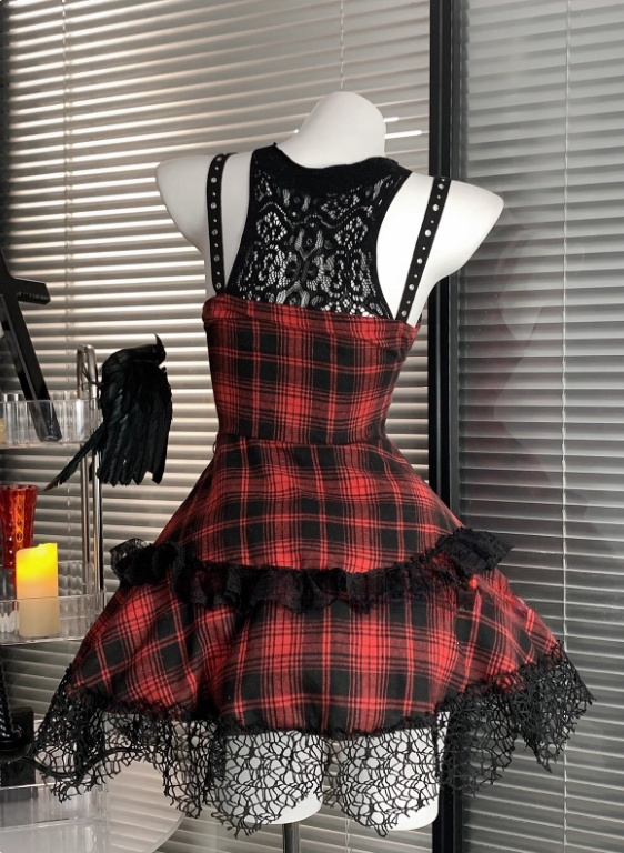 Pretty Crew Neck Checkered Short Women Dress Halloween Costumes Cosplay Dress D2663