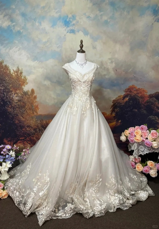 Robe de mariée élégante, col en V, robe de bal plissée, robe de soirée D2670