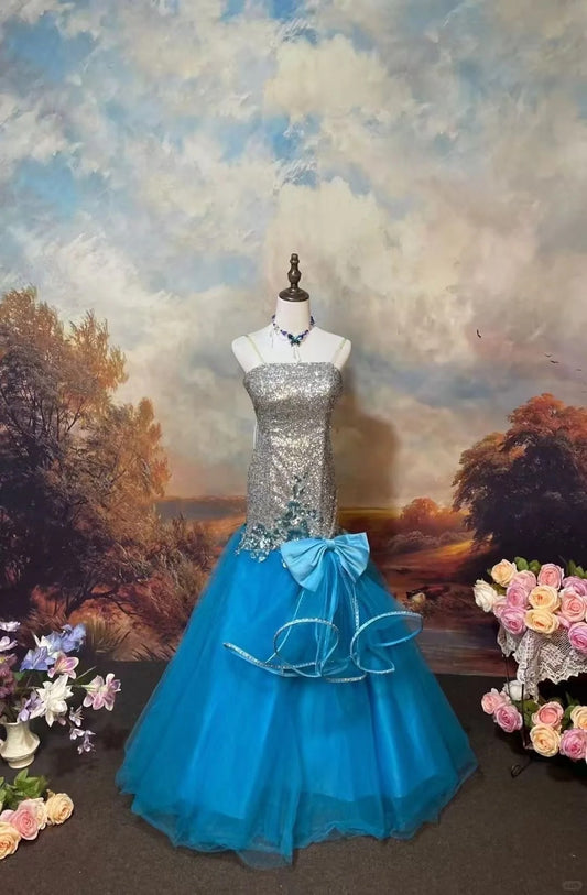 Robe de bal sirène brillante à bretelles spaghetti, robe de soirée, robe de gala D2671