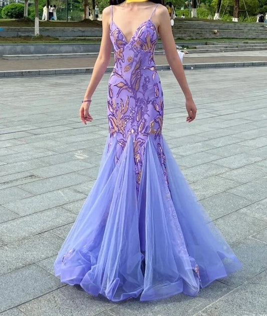 Superbe robe de bal sirène à bretelles spaghetti en tulle, robe de soirée D2684