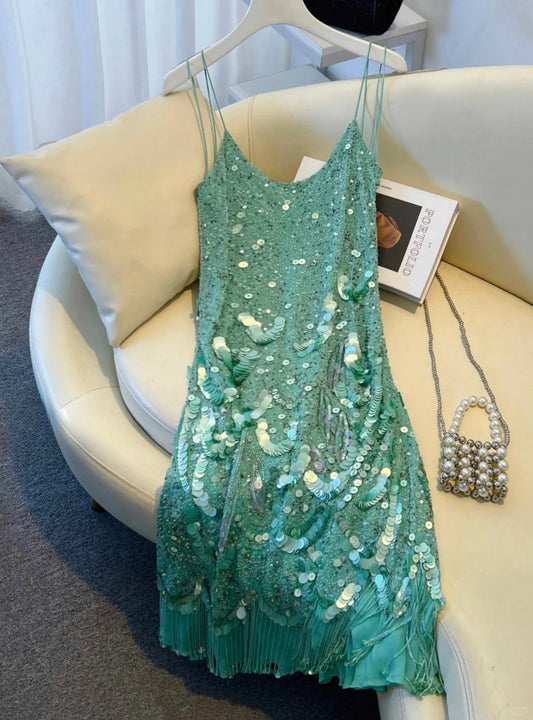 Glänzendes Damenkleid Spaghettiträger Pailletten Perlen Kurzes Kleid Partykleider D2693