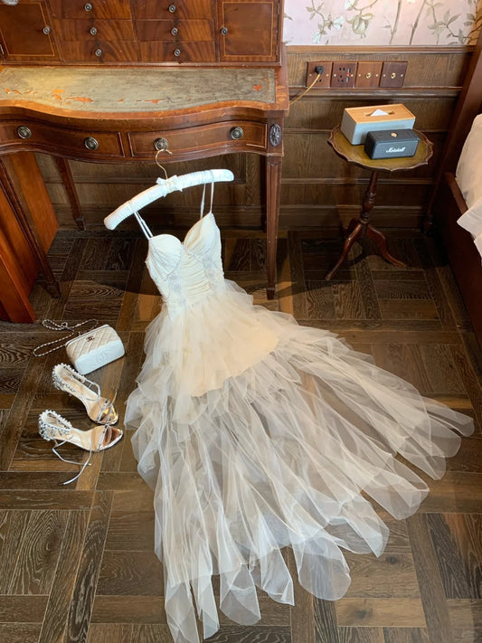 Hübsches Ballkleid Spaghettiträger Plissee Tüll Geburtstagspartykleid D2707