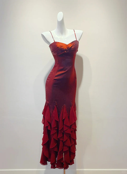 Charmante robe de bal à bretelles spaghetti et volants, robe de soirée, robe de gala D2724