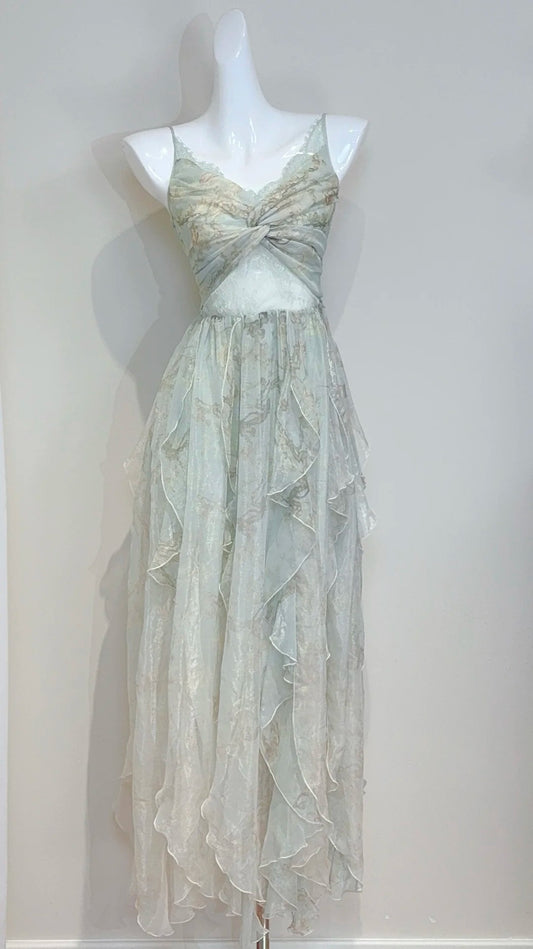 Jolie robe de bal à col en V et imprimé plissé, robe de soirée D2728