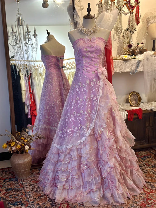 Robe de bal mignonne, coupe trapèze, sans bretelles, à volants, robe de gala, robe de soirée, D2738