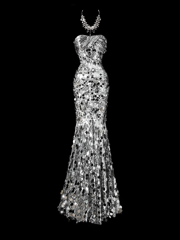 Shiny Prom Dress Strapless Sequins Mermaid Prom Gown Evening Dress Gala Dress D2775
