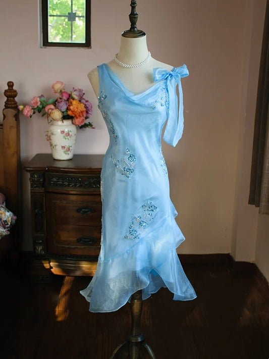 Robe de bal élégante, col asymétrique, perles, robe de soirée, robe de gala, robe de fête d'anniversaire, D2799