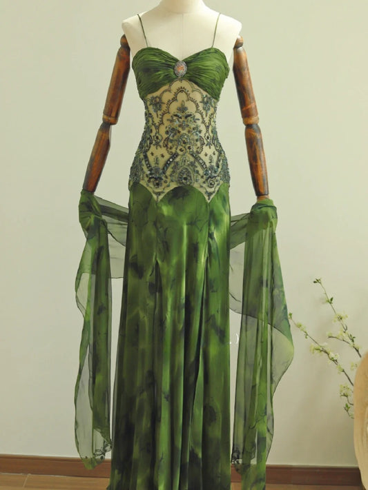 Superbe robe de bal à bretelles spaghetti, plissée et perlée, robe de soirée, robe de gala D2817