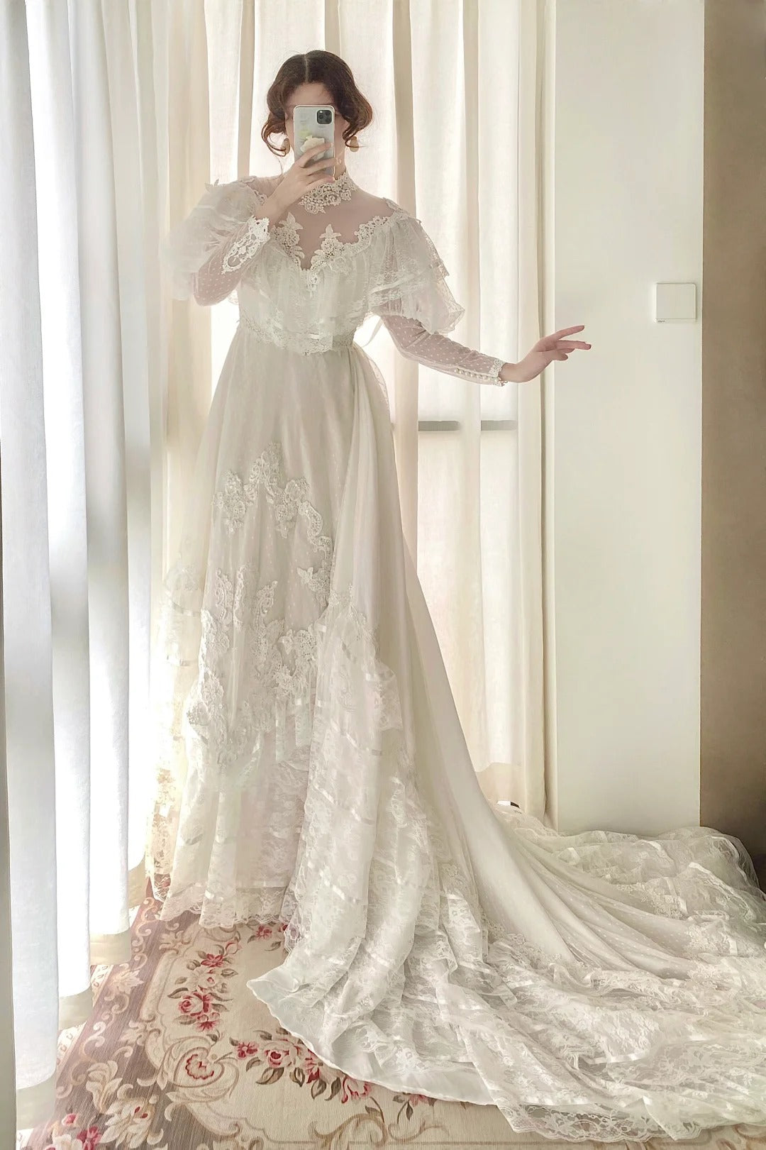 Stunning A Line Long Sleeve Lace Tulle Wedding Dress  D2856
