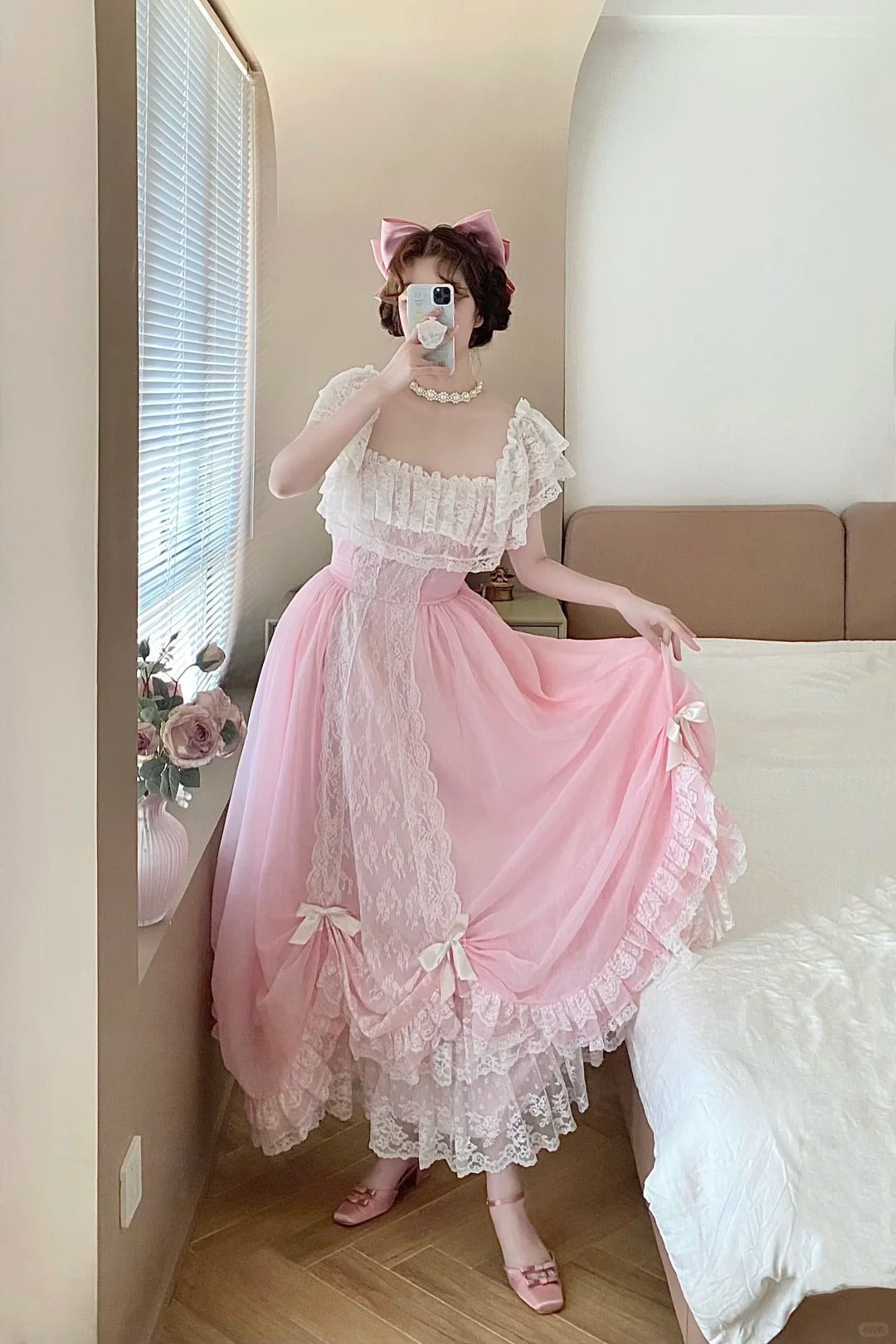Sweet Prom Dress Pink Square Neck Pleated Ball Gown Evening Dress Quinceanera Dress D2858