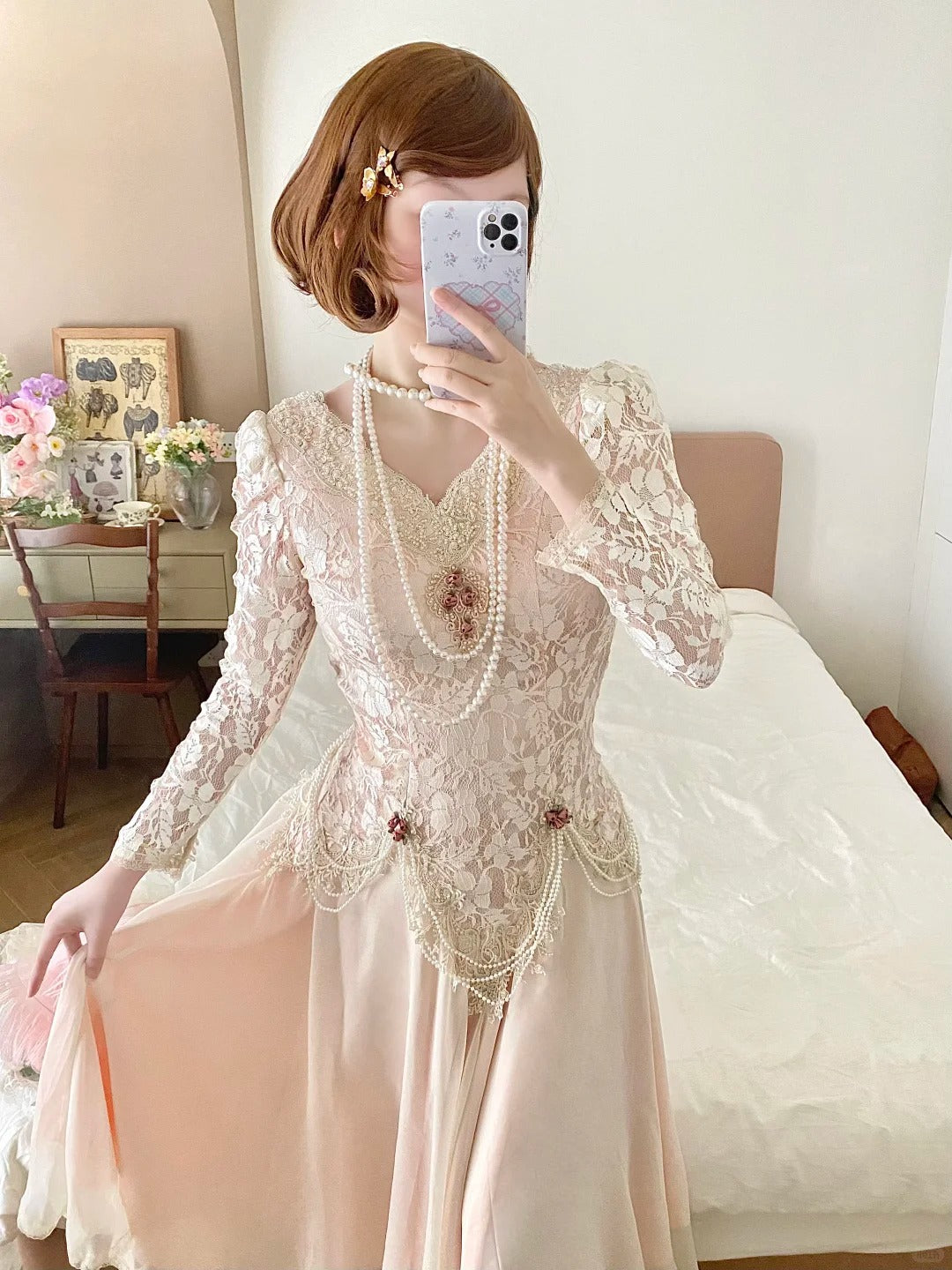 Elegant Prom Dress V-neck Pleated Lace Date Dress Party Dress D2859
