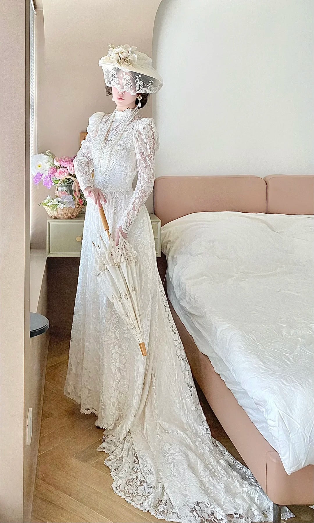 Elegant A Line High Collar Lace Wedding Dress  D2861